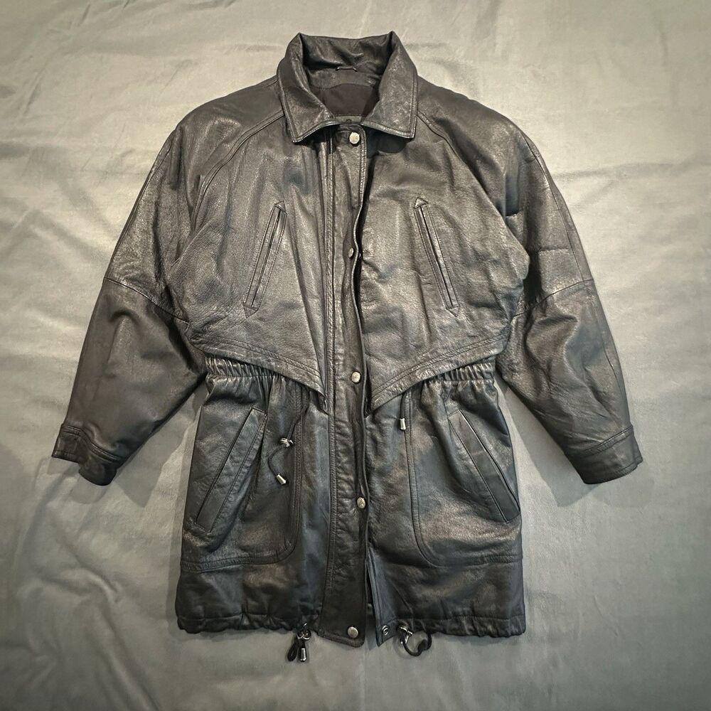 Vintage 90s Wilsons Leather Jacket Womens M Faux Fur Hooded Drawstring Full Zip